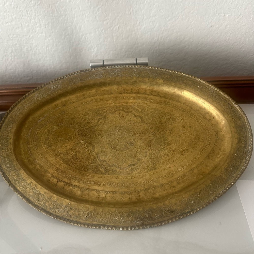 Vintage distressed Gold hammered engraved Oval Tray